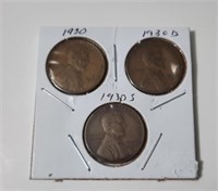 1930  P,D, & S Lincoln 1 Cent Coins