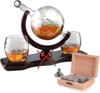 Whiskey Decanter Set Globe w/ 2 Etched Glasses