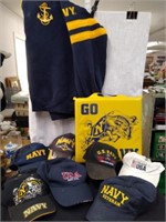Navy seat cushion & fleece pull-over & hats note