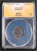 1936-S Buffalo Nickel, Graded: VG8 (Damaged)