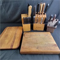 Knives in Knife Blocks and 2 Wood Cutting Boards