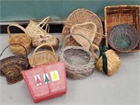Pile of wicker baskets including pretty Christmas