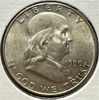 1950-D AU Silver Franklin Half Dollar