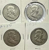 Lot of (4) 90% Silver Franklin Half Dollars