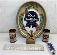 Assorted older beer advertising items w/ steel