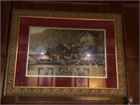 Large framed hunt scene in gold frame, burgandy