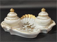 Vintage French Painted Porcelain Double Inkwell