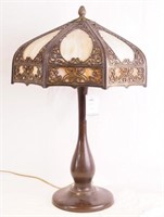 An Antique Slag Glass & Bronze Lamp