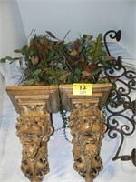 2 LION WALL SHELVES WITH FLORALS, METAL WALL
