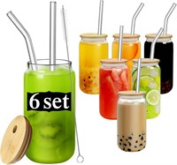 6Pcs 16oz Drinking Glasses Set  Bamboo Lids