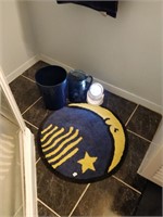 moon bath mat, garbage bin, vase and light