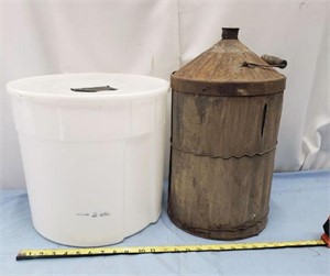 Antique kerosene can and bucket with lid