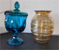 Teal Blue Covered Jar & Amber Vase