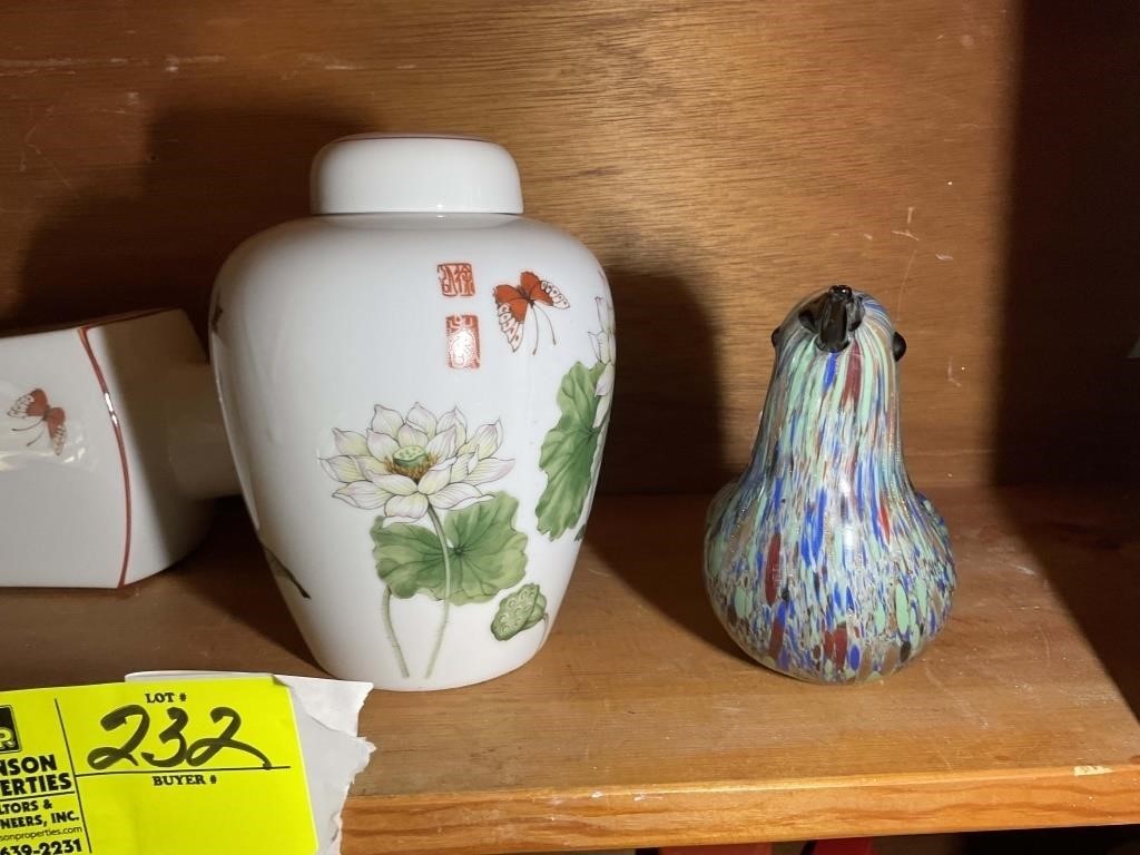 GROUP OF CLEANING SUPPLIES, BIRD HOUSE AND VASES