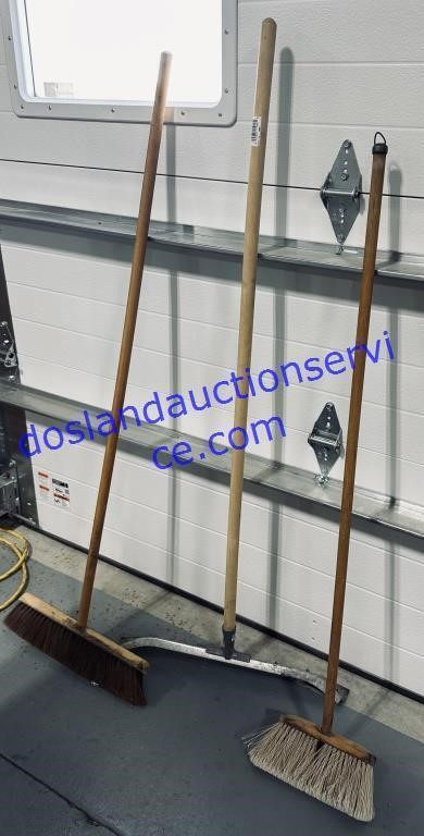 2 Wooden Brooms And A Squeegee