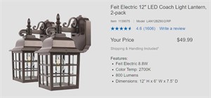 Fiet Electric 12" LED Coach Light Lantern (2PK)