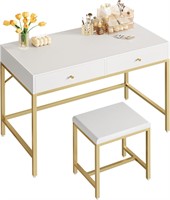 SUPERJARE 35.4 White & Gold Desk  2 Drawers