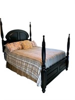 A Black Queen Size 4 Post Bed W/Mattress