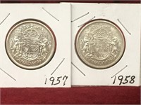 1957 & 1958 Canada Silver 50¢ Coins