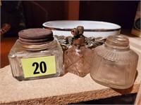 Antique bottles, ink wells, soap dish