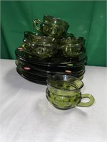 Set of 6 Green Kings Crown Luncheon Plates / Cups