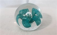 Hand-Blown Aqua Flower Glass Paperweight