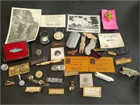 Collection of pins, badges, exonumia, and jewelry