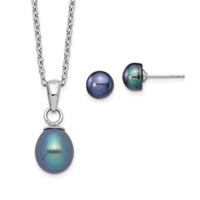 Sterling Silver- Black Pearl Necklace/Earrings Set