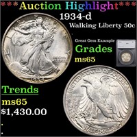 *Highlight* 1934-d Walking Liberty 50c Graded ms65