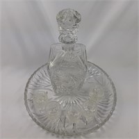 Pinwheel crystal decanter, shot glasses and tray
