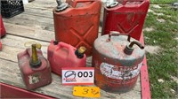 5 gas cans, 3 metal, 2 plastic