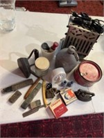 Vintage items including sad iron and straight