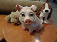 Ceramic pig bank, 2 stuffed dogs