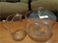 Glass covered cake plate and glass pitcher