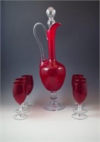 EMPOLI ITALY RUBY RED GLASS WINE DECANTER SET 7 pc