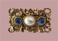 VTG ART DECO ERA GOLD PEARL BLUE CABOCHON BROOCH