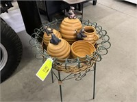 4 Cookie Jars (1 missing lid) + Stand