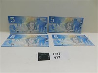 4 2002 CANADA 5 DOLLAR BILLS IN SEQUENCE