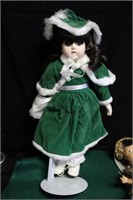 Vintage Porcelain Doll Green Dress w/stand