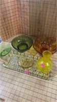 Glass server tray and green and yellow bowls vase
