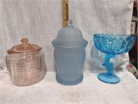 Vtg Pink Jeanette Glass Canister/Frosted Blue Lot