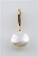 14k Yellow Gold, Button Pearl and Diamond Pendant
