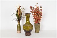 Vtg Drip Glaze Pottery Vase, Flower Arrangements