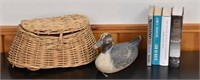 Bulk Lot Fishing Creel, Antique Decoy and Books