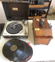 Record player, records, phone with no guts