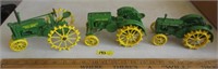 3 toy John Deere tractors, no boxes, 1/16