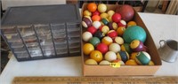 Organizer cabinet w/items, cue balls