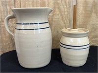 9" Double Blue Band Pitcher & 6" Butter Churn P.R.
