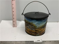 Vintage Metal Bucket w/ Farm Scene Hand Painted