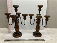 Vintage Wood & Metal Candelabra Candlesticks